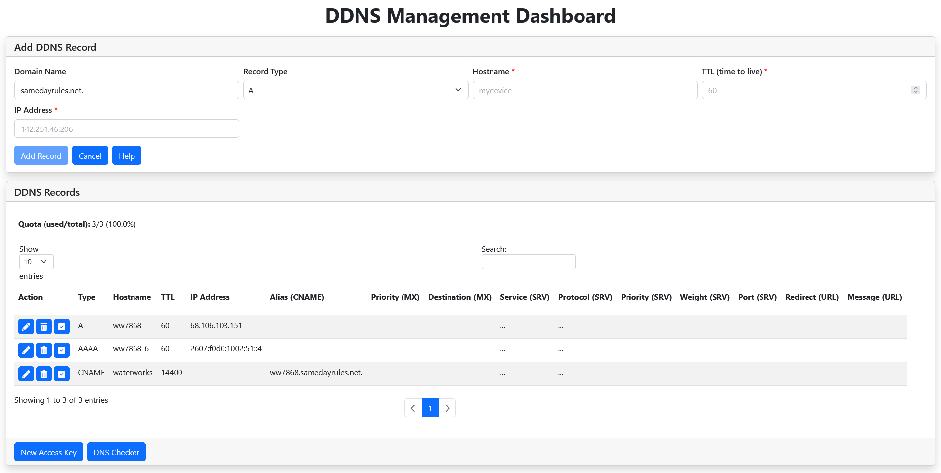 DDNS management dashboard.